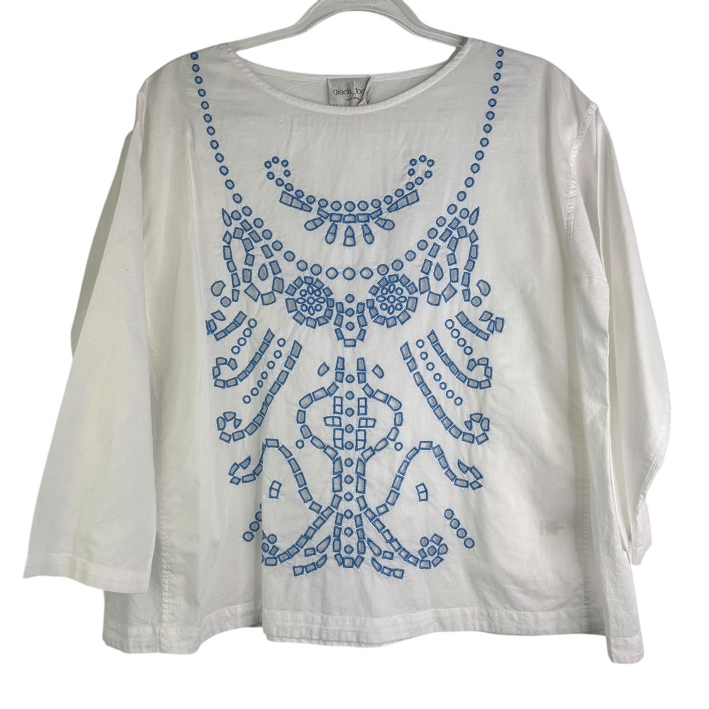 Giada Forte White & Blue Embroidered Cotton Top Relaxed Fit Boxy Oversized 4-6